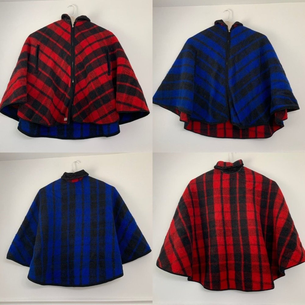 Vintage 60s MARDEL Reversible Wool Handmade Mid Century Poncho Cape Red Blue - Picture 1 of 8